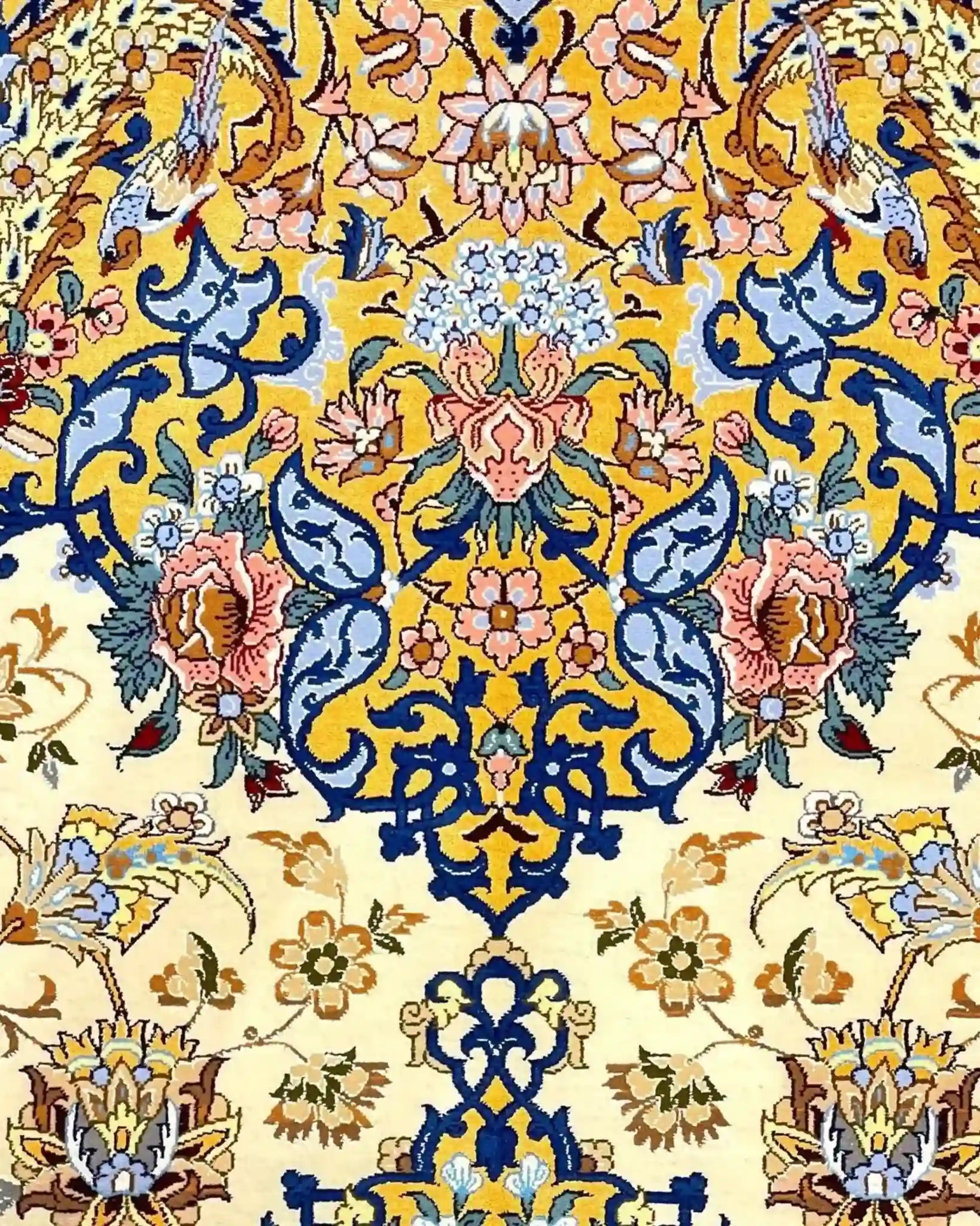 "Detailed Persian wool and silk rug for sale, handcrafted in Isfahan."